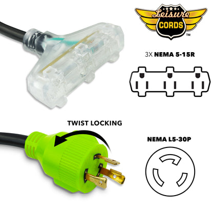 Leisure Cords 30AMP RV Dogbone Adapter Cord Generator Tri-Outlet NEMA L5-30P to 5-15R 18 Inch (Green)