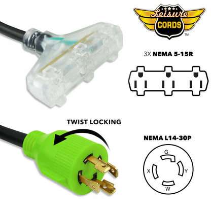 Leisure Cords 30AMP RV Dogbone Adapter Cord Generator Tri-Outlet NEMA L5-30P to 5-15R 18 Inch (Green)