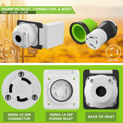 Leisure Cords 30AMP RV Power Inlet Plug Weatherproof Boot Kit NEMA L5-30P 3 Inch (White)