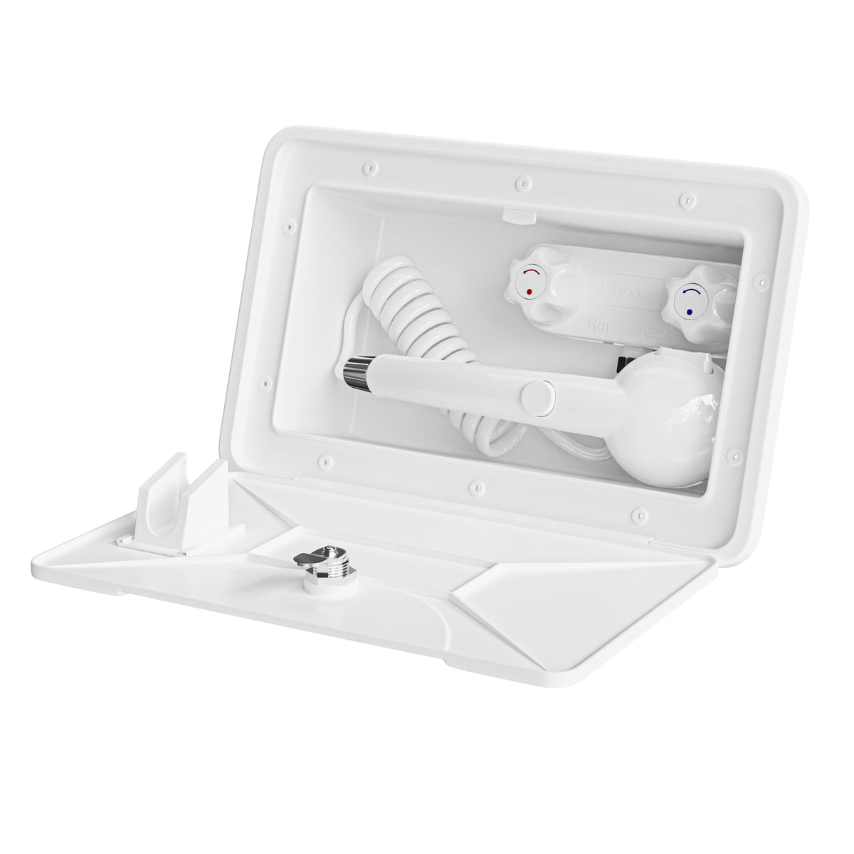 Leisure Coachworks RV Exterior Shower Box Kit for Cowboy Shower with Coiled Hose 13.38 Inch x 8.47 Inch (White)