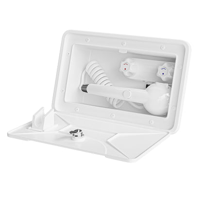Leisure Coachworks RV Exterior Shower Box Kit for Cowboy Shower with Coiled Hose 13.38 Inch x 8.47 Inch (White)