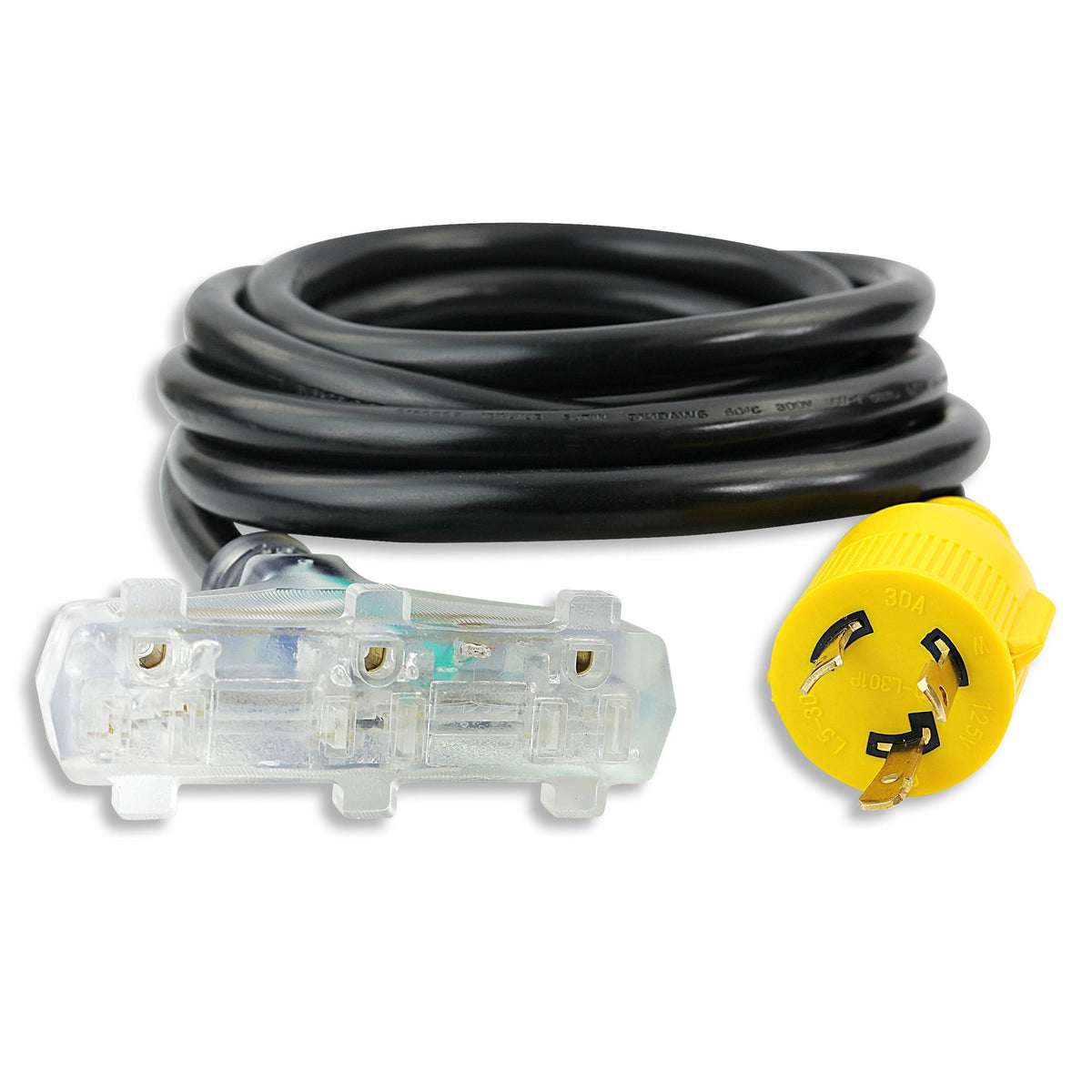 Leisure Cords 30AMP RV Generator Cord NEMA L5-30P to Tri-Outlet 10 Foot (Yellow)
