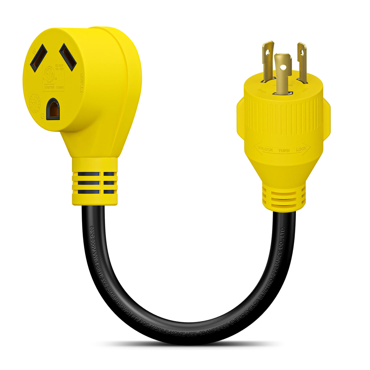 Leisure Cords 30AMP RV Dogbone Adapter Cord Generator NEMA L5-30P to TT-30R 18 Inch (Yellow)