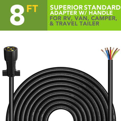Leisure Cords 7 Way Inline Trailer Plug Extension Cord Wiring Harness 8 Feet (Black)