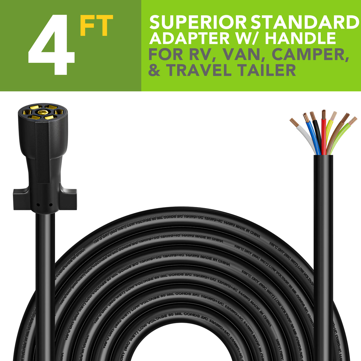 Leisure Cords 7 Way Inline Trailer Plug Extension Cord Wiring Harness 4 Feet (Black)