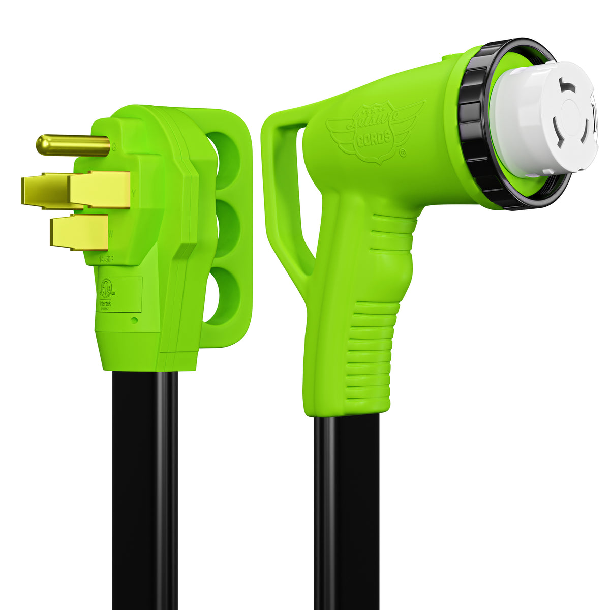 Leisure Cords 50AMP RV Extension Cord 90 Degree Handles Twist Locking Flat Cord Profile 36 Foot (Green)