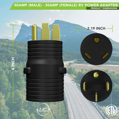 Leisure Cords 50AMP RV Electrical Adapter Standard NEMA 14-50P to TT-30R 4 Inch (Black)