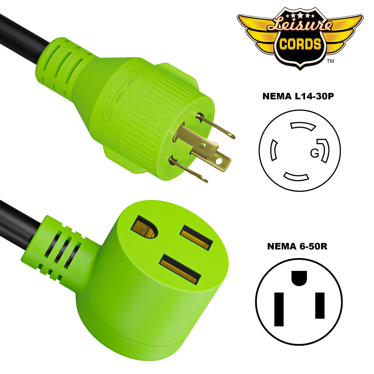 Leisure Cords 50AMP RV Dogbone Adapter Cord Welder NEMA L14-30P to 6-50R 18 Inch (Green)