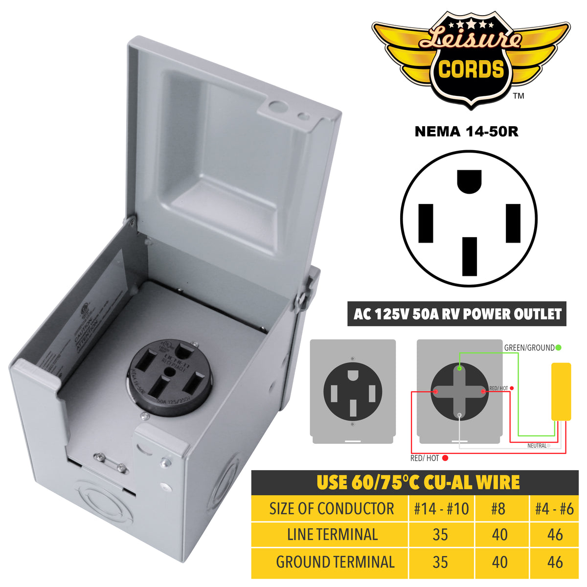 Leisure Cords 50AMP RV Generator Power Inlet Box NEMA 14-50R 5 Inch (Grey)