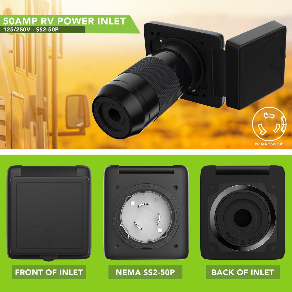 Leisure Cords 50AMP RV Power Inlet Twist Locking NEMA SS2-50P 5 Inch (Black)