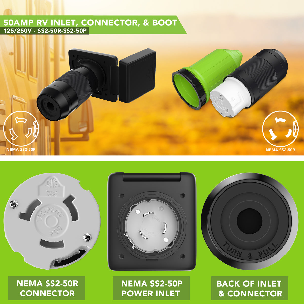 Leisure Cords 50AMP RV Power Inlet Plug Weatherproof Boot Kit NEMA SS2-50P 5 Inch (Black)