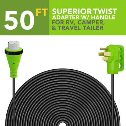 Leisure Cords 50AMP RV Extension Cord Twist Locking 50 Foot (Green)