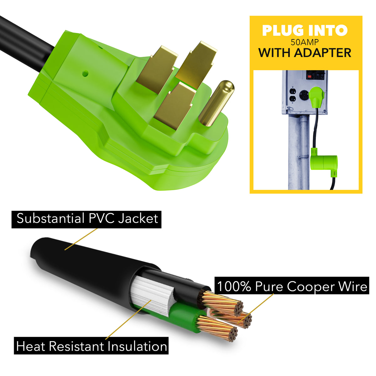 Leisure Cords 50AMP RV Dogbone Adapter Cord Welder NEMA 14-50P to 6-50R 12 Inch (Green)