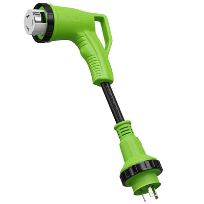 Leisure Cords 50AMP RV Dogbone Adapter Cord 90 Degree Handles Twist Locking Coupler NEMA L5-30P to SS2-50R 12 Inch (Green)