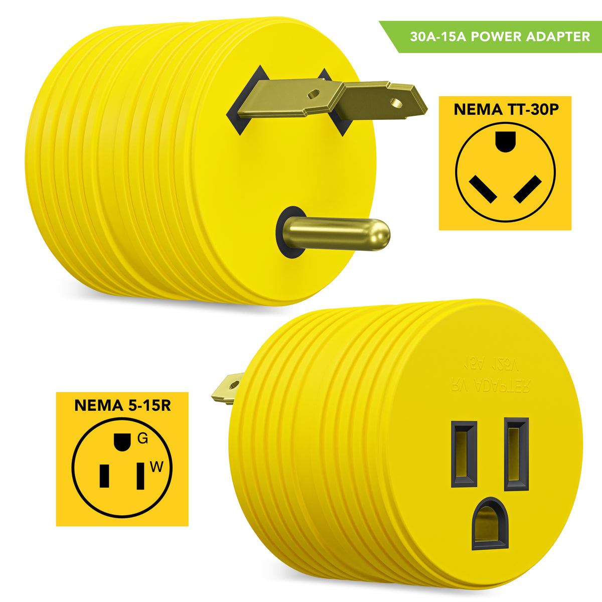 Leisure Cords 30AMP RV Electrical Adapter Standard NEMA TT-30P to 5-15R 3 Inch (Yellow)