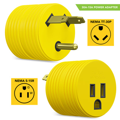 Leisure Cords 30AMP RV Electrical Adapter Standard NEMA TT-30P to 5-15R 3 Inch (Yellow)