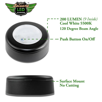 Leisure LED 12V RV Interior LED Surface Mount Ceiling Light Cool White with Push Button Lens 3 Inch (Black)