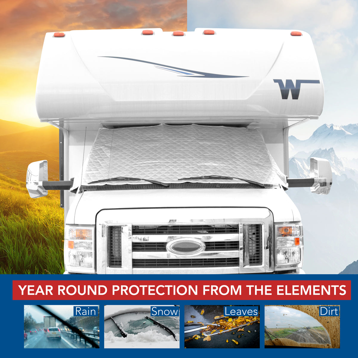 Leisure Coachworks RV Sun Shade 4 Layer Insulated Windshield Cover for Class C Ford 1997-2021 (Reflective)