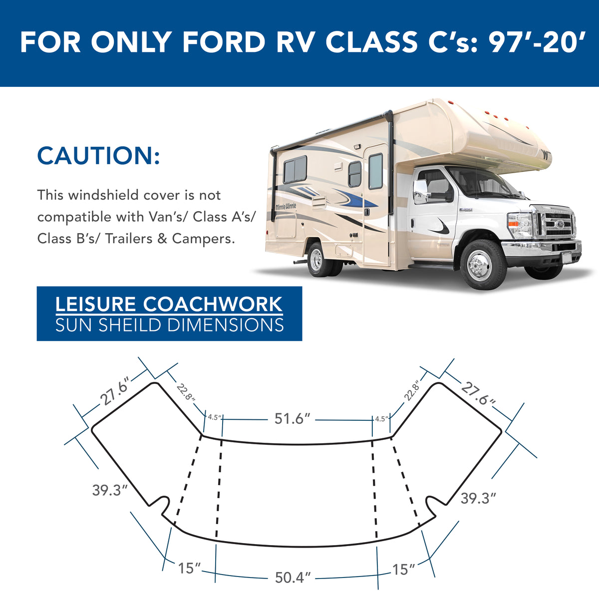 Leisure Coachworks RV Sun Shade 4 Layer Insulated Windshield Cover for Class C Ford 1997-2021 (Reflective)