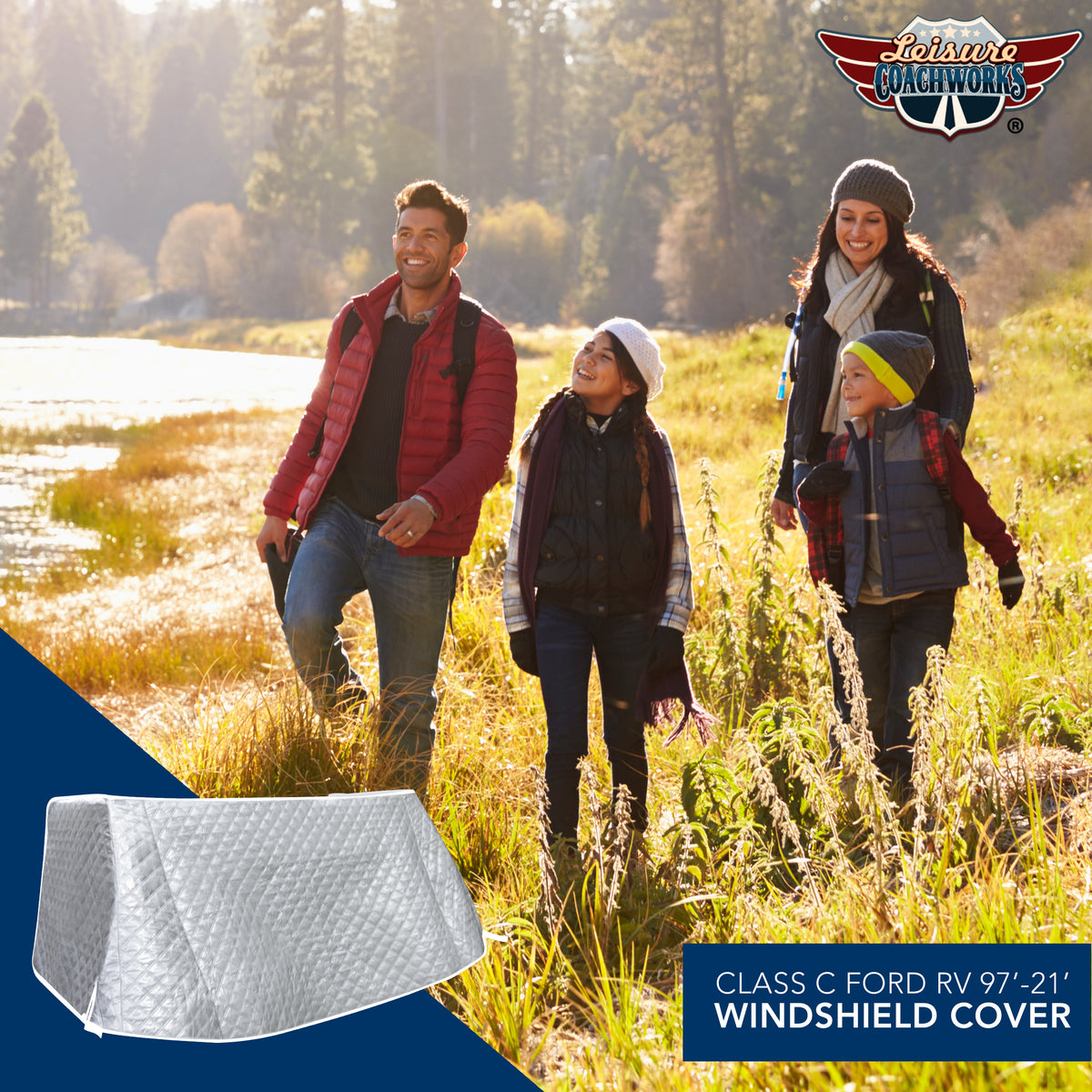 Leisure Coachworks RV Sun Shade 4 Layer Insulated Windshield Cover for Class C Ford 1997-2021 (Reflective)