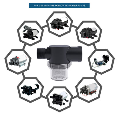 Leisure Coachworks RV Water Pump Stainer Filter with 1/2 Inch NPS Inlet 1/2 Inch NPSM Outlet (Black)