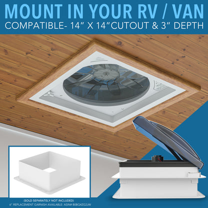Leisure Coachworks RV Roof Vent Fan with 5 Speed Smoked Lid Rain Sensor and Remote 14 Inch x 14 Inch (White)