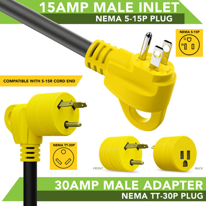 Leisure Cords 30AMP RV Electrical Adapter Standard NEMA TT-30P to 5-15R 3 Inch (Yellow)