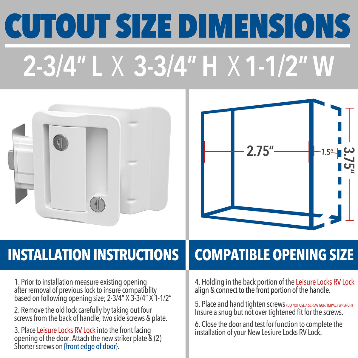 Leisure Locks RV Entry Door Lock with Paddle Deadbolt 2.5 Inch x 3.5 Inch (White)