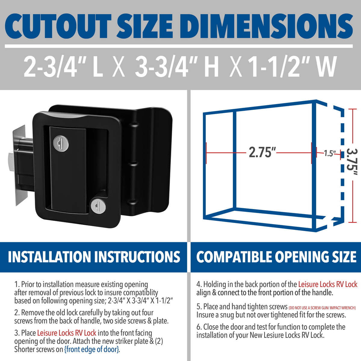 Leisure Locks RV Entry Door Lock with Paddle Deadbolt 2.5 Inch x 3.5 Inch (Black)