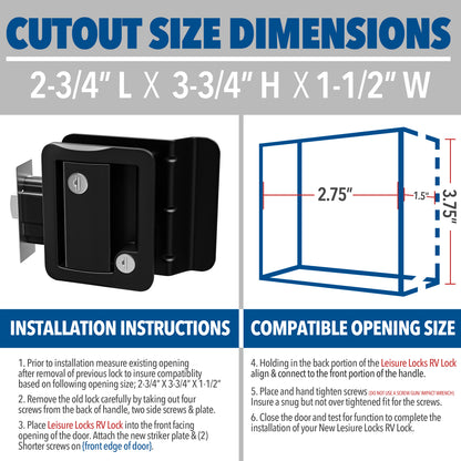 Leisure Locks RV Entry Door Lock with Paddle Deadbolt 2.5 Inch x 3.5 Inch (Black)