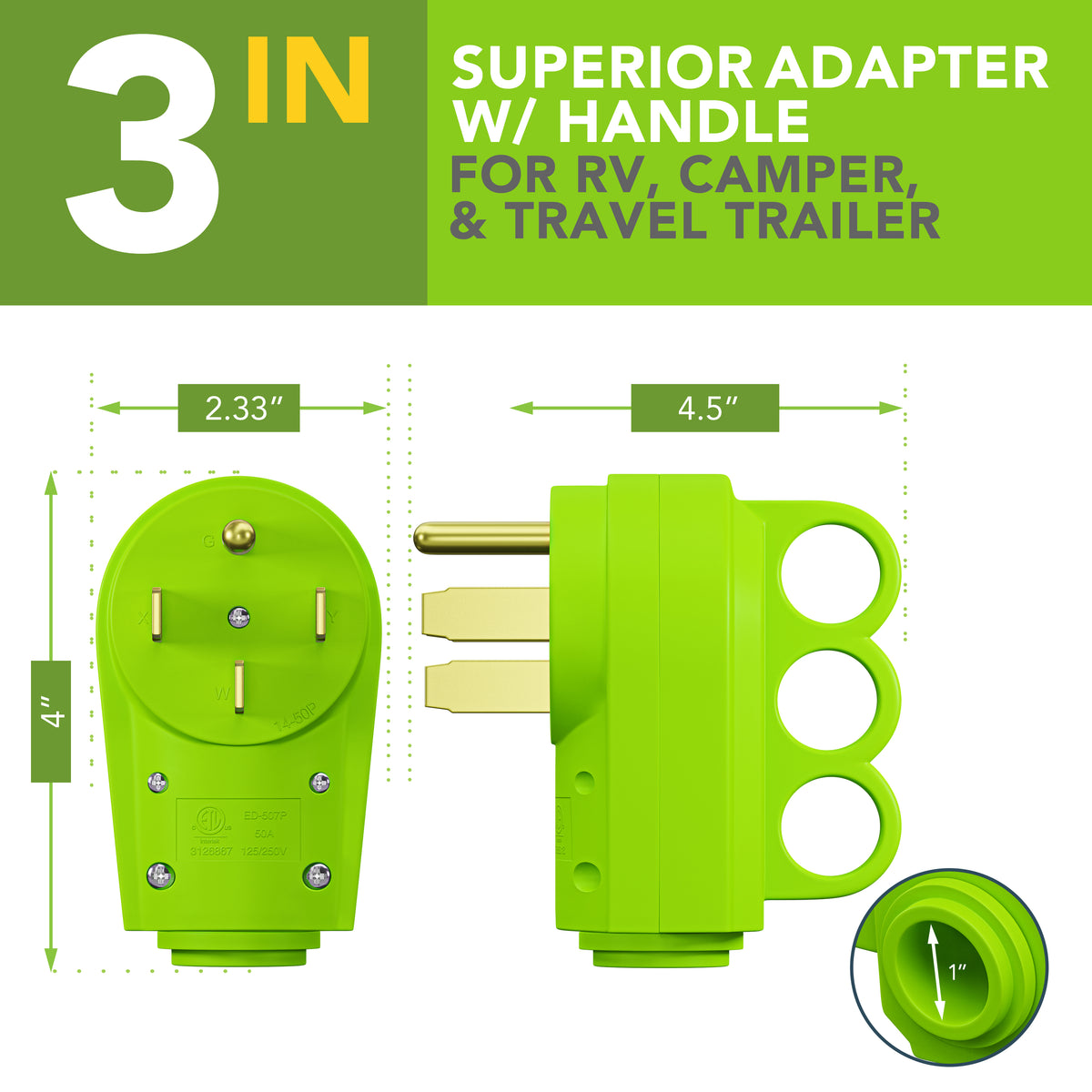 Leisure Cords 50AMP RV Replacement Plug 90 Degree Handle Standard NEMA 14-50P 4 Inch (Green)