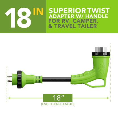 Leisure Cords 50AMP RV Dogbone Adapter Cord 90 Degree Handles Twist Locking Coupler NEMA L5-30P to SS2-50R 12 Inch (Green)
