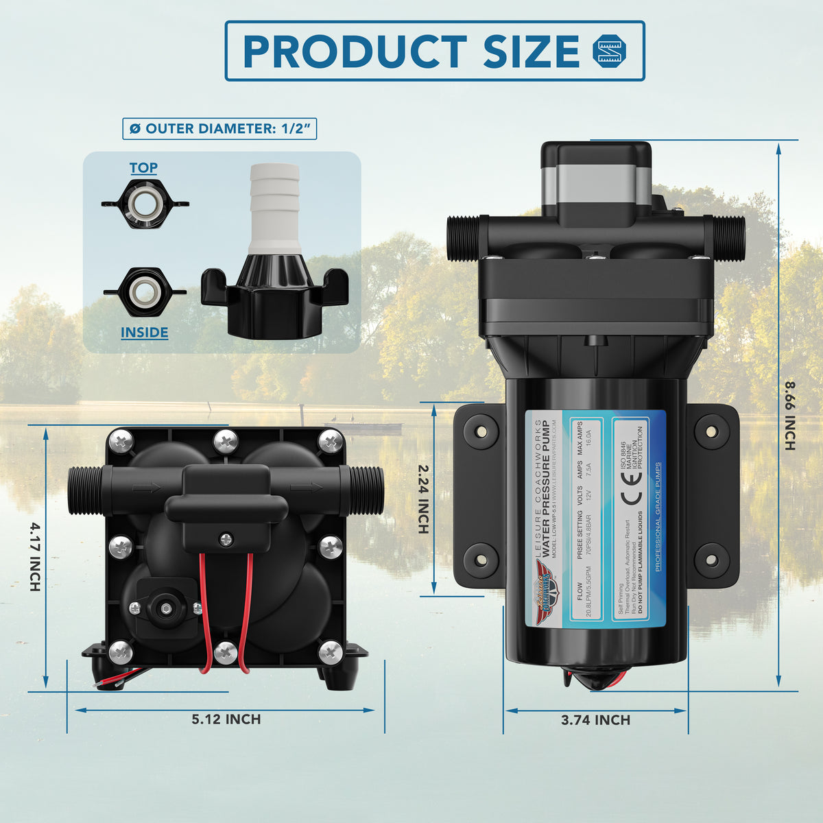 Leisure Coachworks RV Water Pump 5.5 GPM with Adapters Stainer Filter Kit (Black)