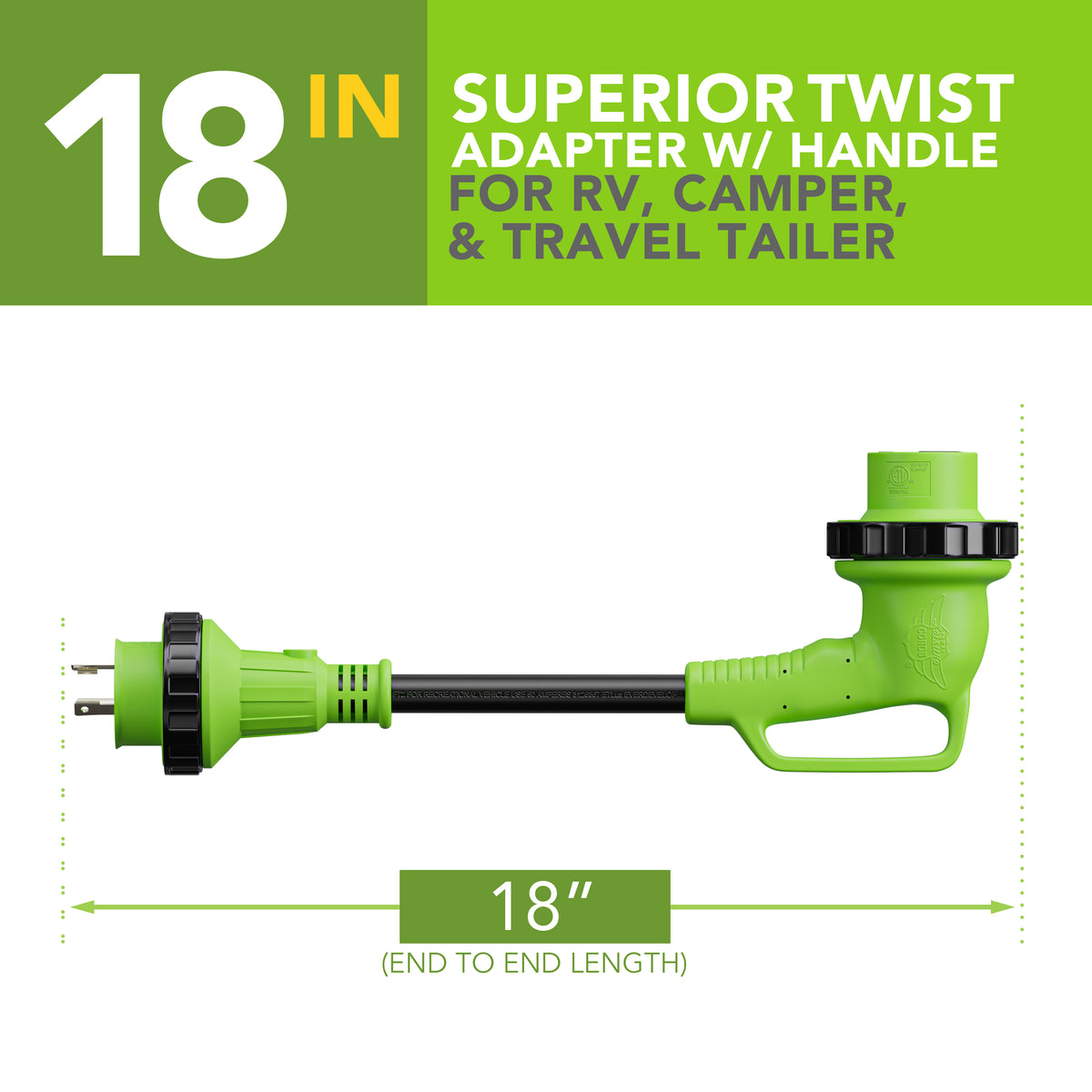 Leisure Cords 30AMP RV Dogbone Adapter Cord 90 Degree Handles Twist Locking Coupler NEMA L5-30P to L5-30R 12 Inch (Green)