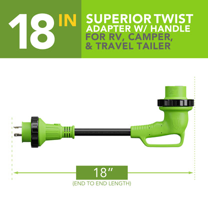 Leisure Cords 30AMP RV Dogbone Adapter Cord 90 Degree Handles Twist Locking Coupler NEMA L5-30P to L5-30R 12 Inch (Green)