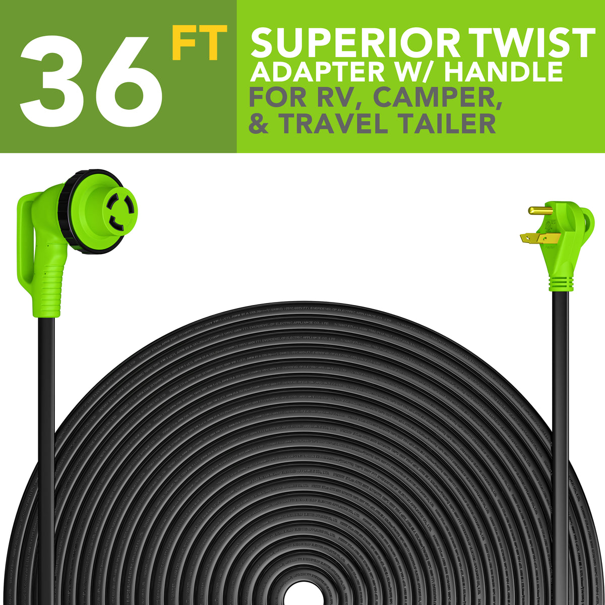 Leisure Cords 30AMP RV Extension Cord 90 Degree Handles Twist Locking Flat Cord Profile 36 Foot (Green)