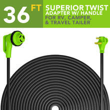 Leisure Cords 30AMP RV Extension Cord 90 Degree Handles Twist Locking Flat Cord Profile 36 Foot (Green)