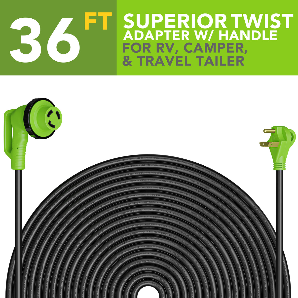 Leisure Cords 30AMP RV Extension Cord 90 Degree Handles Twist Locking 36 Foot (Green)