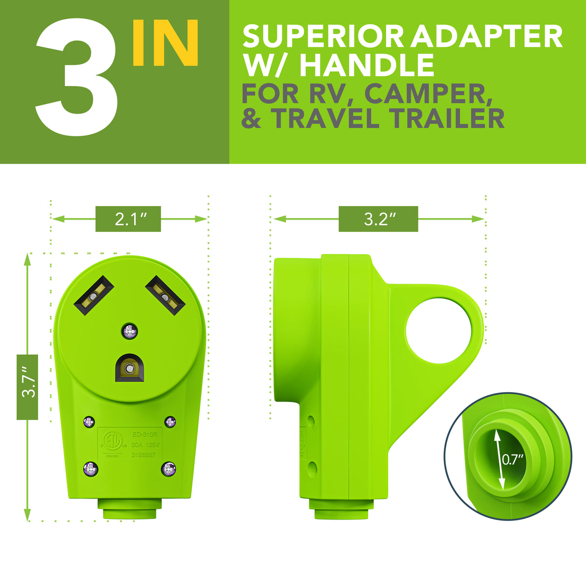 Leisure Cords 30AMP RV Replacement Plug 90 Degree Handle Standard NEMA TT-30R 3 Inch (Green)