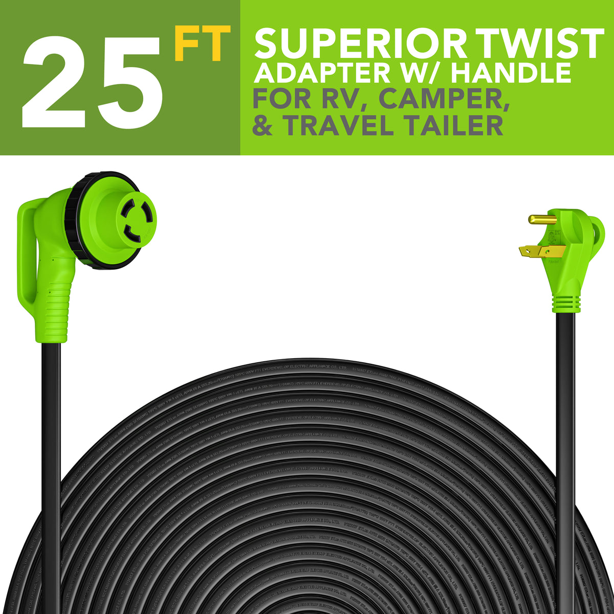 Leisure Cords 30AMP RV Extension Cord 90 Degree Handles Twist Locking Flat Cord Profile 25 Foot (Green)