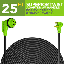 Leisure Cords 30AMP RV Extension Cord 90 Degree Handles Twist Locking Flat Cord Profile 25 Foot (Green)