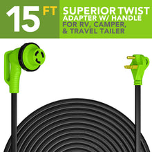 Leisure Cords 30AMP RV Extension Cord 90 Degree Handles Twist Locking Flat Cord Profile 15 Foot (Green)