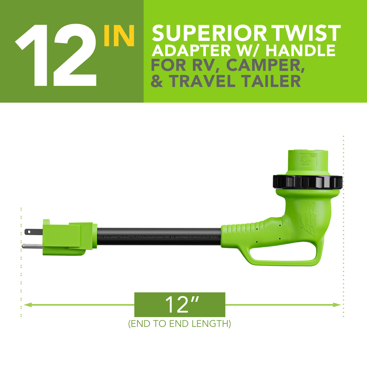 Leisure Cords 30AMP RV Dogbone Adapter Cord 90 Degree Handles Twist Locking NEMA 5-15P to L5-30R 12 Inch (Green)