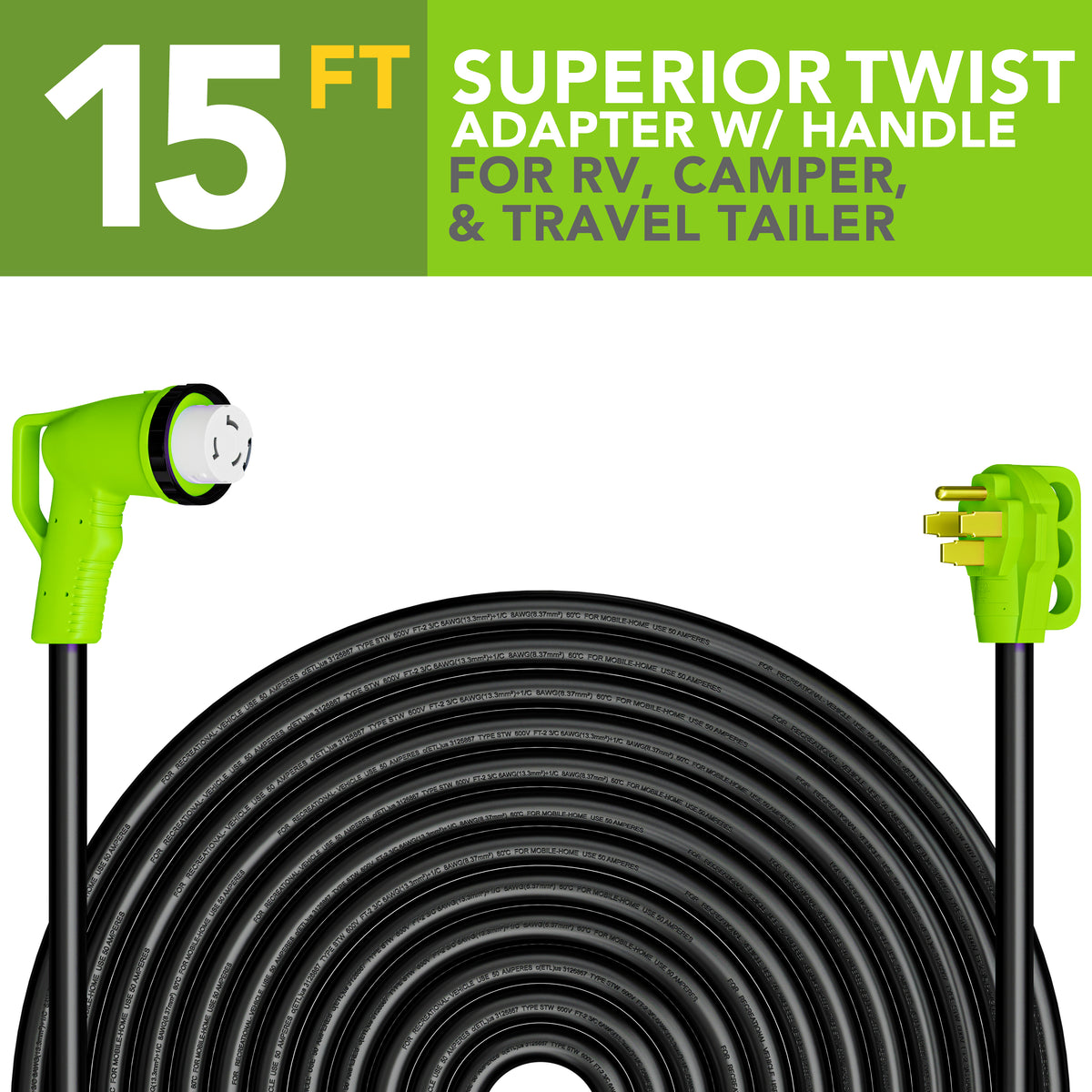 Leisure Cords 50AMP RV Extension Cord 90 Degree Handles Twist Locking 15 Foot (Green)