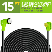 Leisure Cords 50AMP RV Extension Cord 90 Degree Handles Twist Locking 15 Foot (Green)