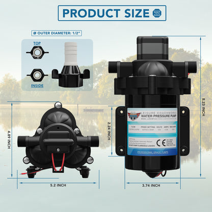 Leisure Coachworks RV Water Pump 3.5 GPM with Adapters Stainer Filter Kit (Black)