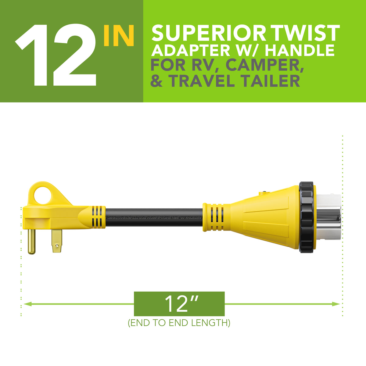 Leisure Cords 30AMP RV Dogbone Adapter Cord Twist Locking NEMA TT-30P to SS2-50R 12 Inch (Yellow)