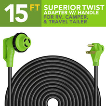 Leisure Cords 30AMP RV Extension Cord 90 Degree Handles Twist Locking 15 Foot (Green)