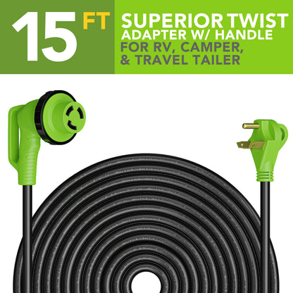 Leisure Cords 30AMP RV Extension Cord 90 Degree Handles Twist Locking 15 Foot (Green)
