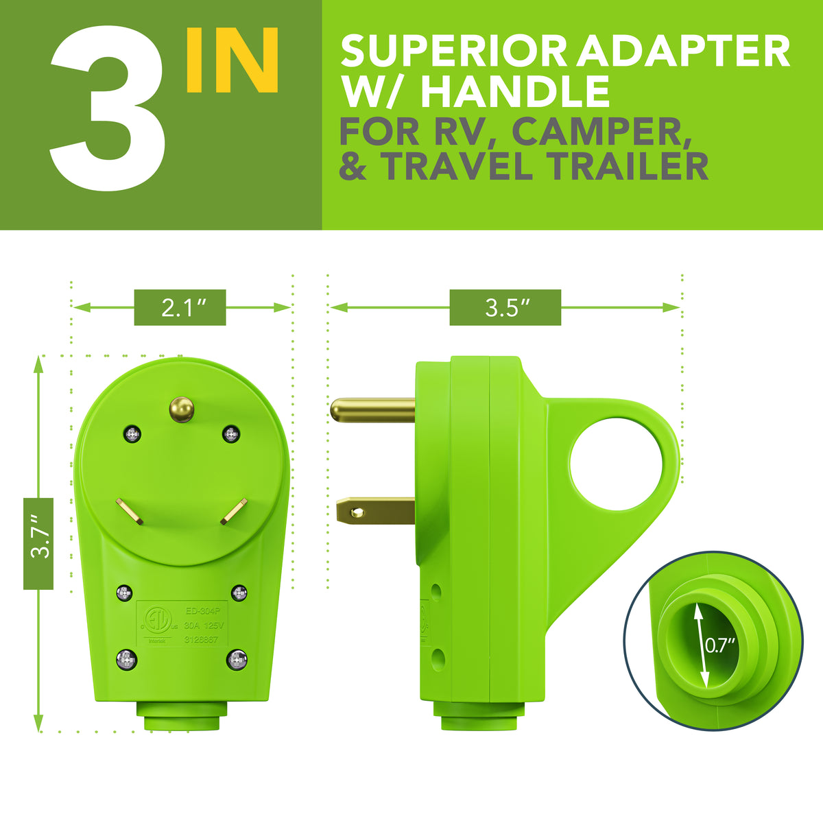 Leisure Cords 30AMP RV Replacement Plug 90 Degree Handle Standard NEMA TT-30P 3 Inch (Green)